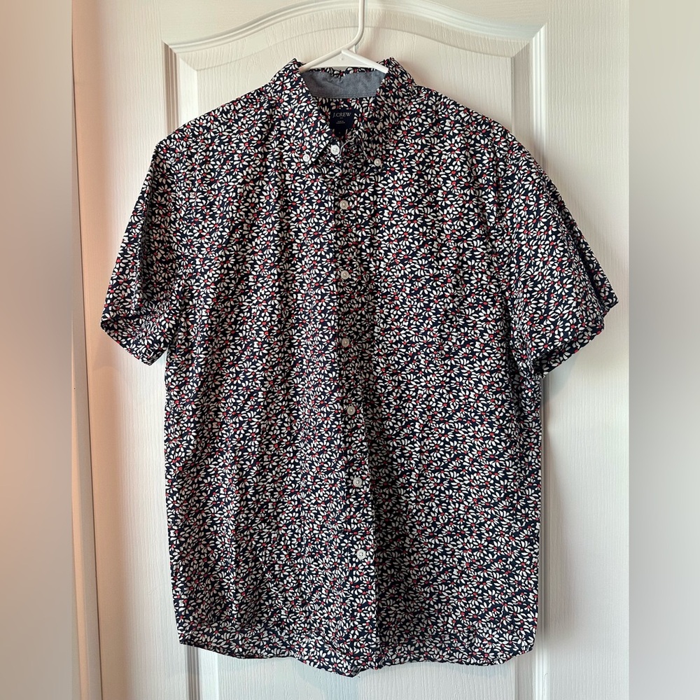 J.Crew Men’s Shirt L Navy Floral Button Down White Red Flowers Short Sleeve